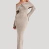 Baxter Off Shoulder Fluffy Knit Midi Dress - Taupe Marle