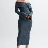 Baxter Off Shoulder Fluffy Knit Midi Dress - Charcoal