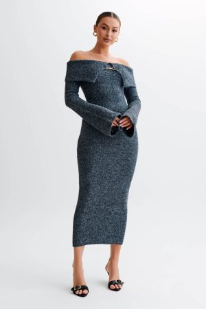 Baxter Off Shoulder Fluffy Knit Midi Dress - Charcoal