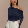 Everly Sheer Mesh Off Shoulder Top - Dark Navy