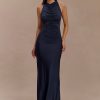 Priya Slinky Ruched Halter Maxi Dress - Navy