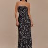 Claudette Strapless Satin Maxi Dress - Black Polka Dot Print