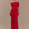 Caspian Slinky And Mesh Off Shoulder Maxi Dress - Ruby