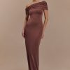 Cassandra Off Shoulder Slinky Maxi Dress - Chocolate