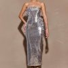 Cassia Strapless Sequin Rose Midi Dress - Silver