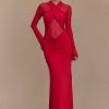 Tania Slinky And Mesh Long Sleeve Maxi Dress - Ruby