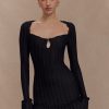 Daphne Pointelle Long Sleeve Mini Dress - Black