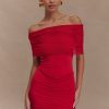 Caspian Slinky And Mesh Off Shoulder Mini Dress - Ruby