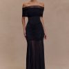 Caspian Slinky And Mesh Off Shoulder Maxi Dress - Black