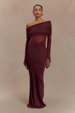 Kaitlin One Shoulder Slinky And Mesh Maxi Dress - Burgundy