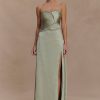Larissa Satin Maxi Dress With Ruched Petals - Sage