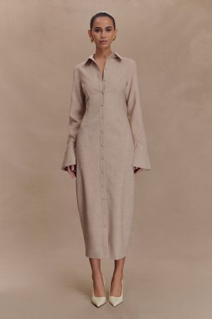 Dorian Fitted Shirt Midi Dress - Wheat Marle