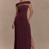 Aurora Slinky And Mesh Split Maxi Dress - Mahogany
