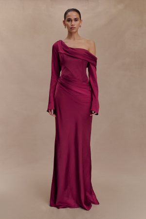 Iris Long Sleeve Satin Maxi Dress - Mahogany