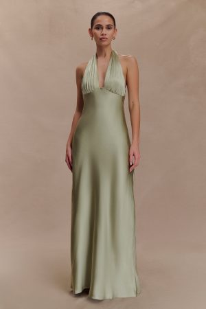 Alice Satin Halter Maxi Dress - Sage
