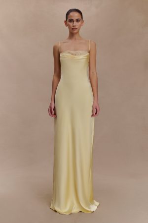 Isadora Lace & Satin Maxi Dress - Pastel Lemon