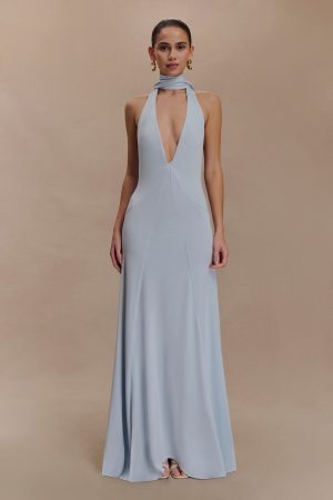 Juliet Slinky Maxi Dress With Scarf - Pale Blue