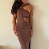 Lottie Slinky Maxi Dress With Split - Chocolate