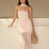 Caspian Slinky And Mesh Off Shoulder Maxi Dress - Pale Pink