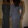 Marcel Off Shoulder Diamante Maxi Dress - Gunmetal