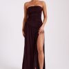 Bex Strapless Slinky Maxi Dress With Split - Burgundy